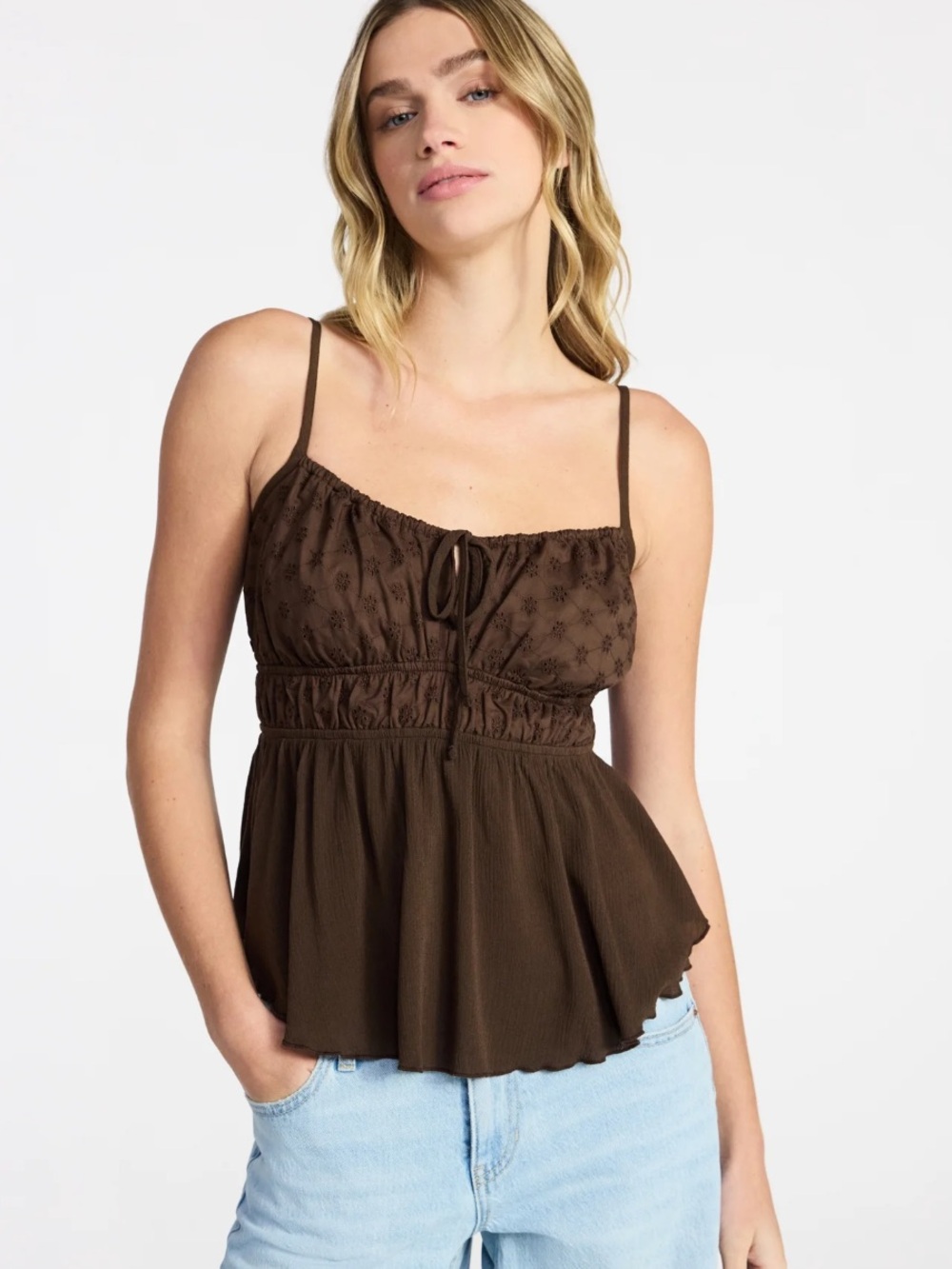 No Boundaries Eyelet Tie Front Cami, Women's L (12-14)